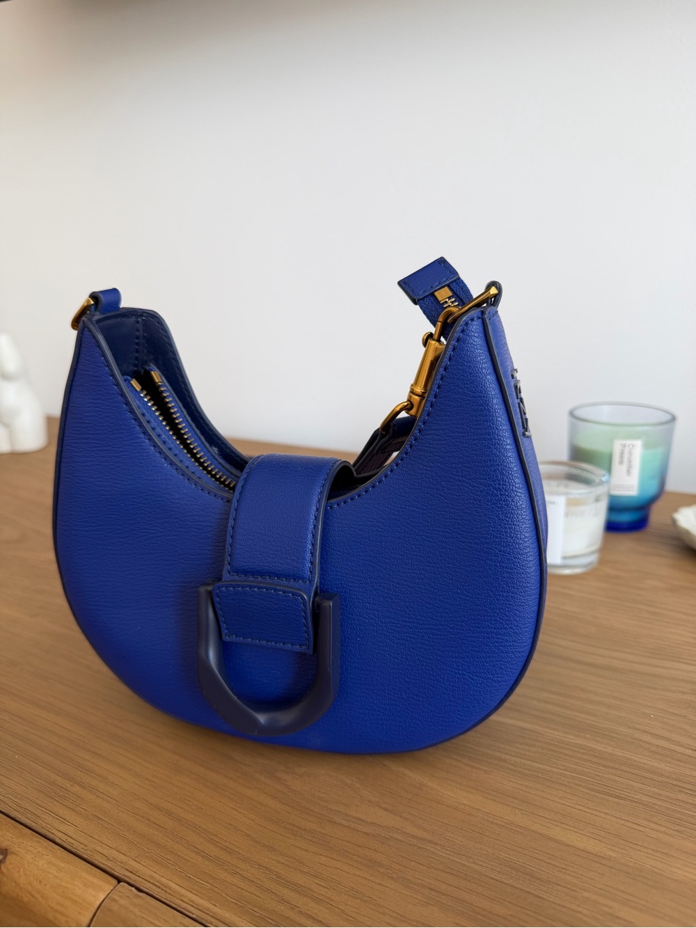 Charles & Keith Royal Blue Crescent Shoulder Bag with Gold Hardware